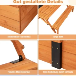 Sandkasten mit Klappbarer Sitzbank & Picknicktisch 120 x 120 cm Sandbox mit Verstellbares Sonnendach Natur