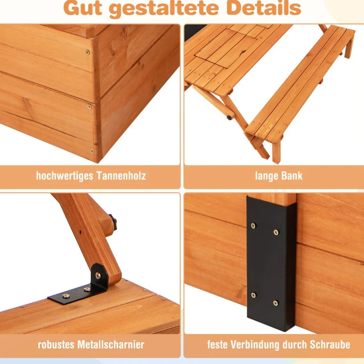 Sandkasten mit Klappbarer Sitzbank & Picknicktisch 120 x 120 cm Sandbox mit Verstellbares Sonnendach Natur