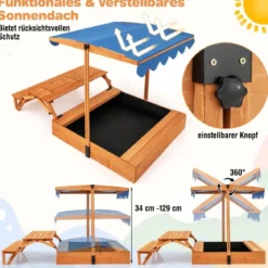 Sandkasten mit Klappbarer Sitzbank & Picknicktisch 120 x 120 cm Sandbox mit Verstellbares Sonnendach Natur