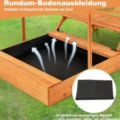 Sandkasten mit Klappbarer Sitzbank & Picknicktisch 120 x 120 cm Sandbox mit Verstellbares Sonnendach Natur