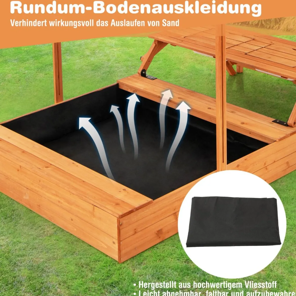 Sandkasten mit Klappbarer Sitzbank & Picknicktisch 120 x 120 cm Sandbox mit Verstellbares Sonnendach Natur