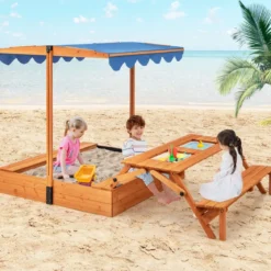 Sandkasten mit Klappbarer Sitzbank & Picknicktisch 120 x 120 cm Sandbox mit Verstellbares Sonnendach Natur