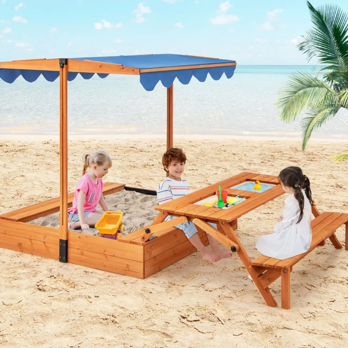 Sandkasten mit Klappbarer Sitzbank & Picknicktisch 120 x 120 cm Sandbox mit Verstellbares Sonnendach Natur