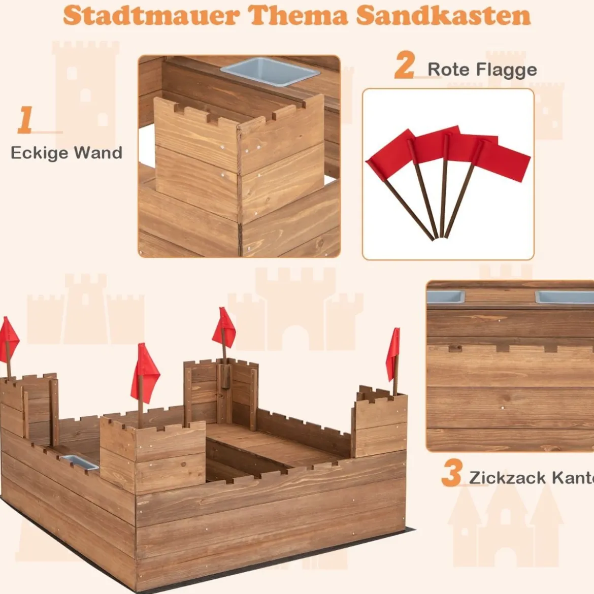 Sandkasten mit Staufächern & Flaggen Sandkiste Holz für 1-2 Kinder ab 3 Jahre 113 x 116 cm
