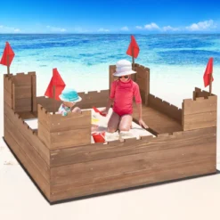 Sandkasten mit Staufächern & Flaggen Sandkiste Holz für 1-2 Kinder ab 3 Jahre 113 x 116 cm