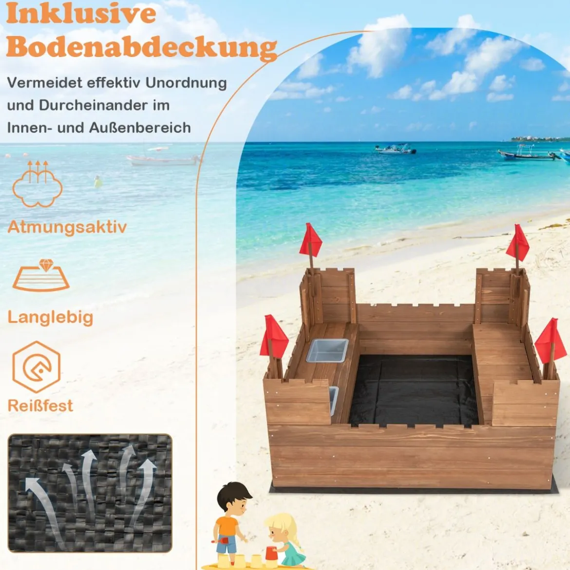 Sandkasten mit Staufächern & Flaggen Sandkiste Holz für 1-2 Kinder ab 3 Jahre 113 x 116 cm