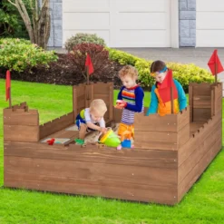 Sandkasten mit Staufächern & Flaggen Sandkiste Holz für 1-2 Kinder ab 3 Jahre 113 x 116 cm