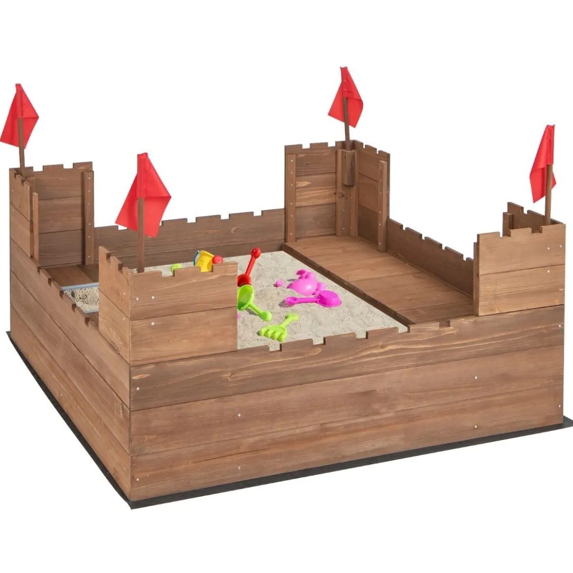 Sandkasten mit Staufächern & Flaggen Sandkiste Holz für 1-2 Kinder ab 3 Jahre 113 x 116 cm