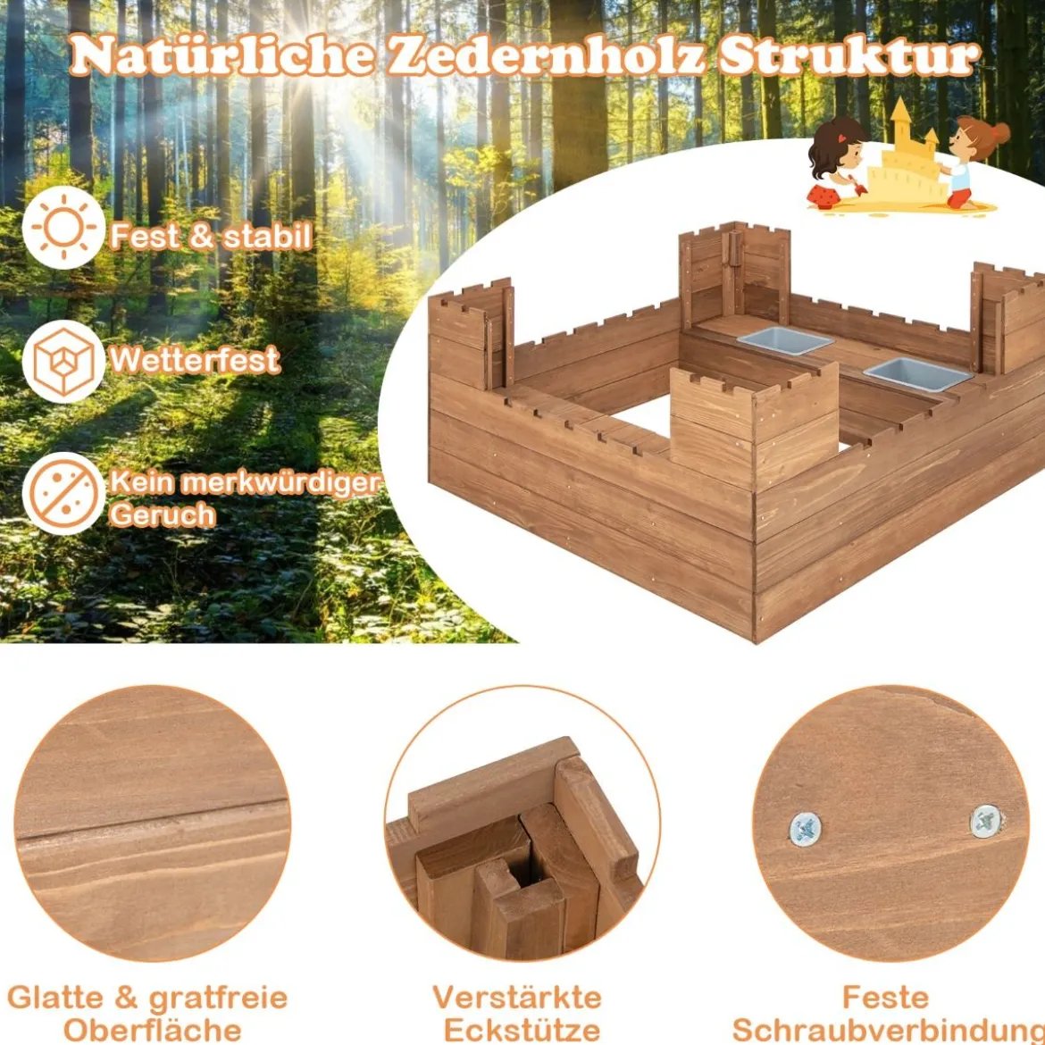 Sandkasten mit Staufächern & Flaggen Sandkiste Holz für 1-2 Kinder ab 3 Jahre 113 x 116 cm