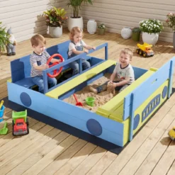 Sandkasten Sandkiste mit Sitzbank klappbarem Deckel & Sandkastenvlies Sandbox aus Tannenholz Blau