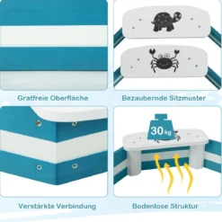 Sandkiste aus Zedernholz mit 4 integrierten Sitzen 126 x 126 x 14 cm Blau + Weiß