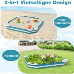 Sandkiste aus Zedernholz mit 4 integrierten Sitzen 126 x 126 x 14 cm Blau + Weiß