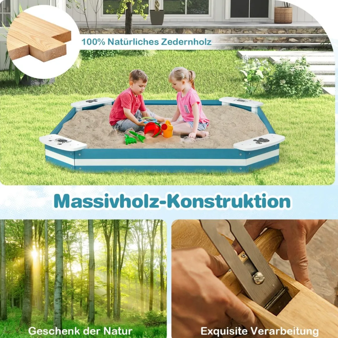 Sandkiste aus Zedernholz mit 4 integrierten Sitzen 126 x 126 x 14 cm Blau + Weiß