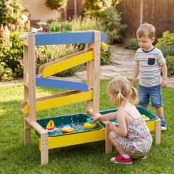 Sand- und Wassertisch aus Holz mit 2 Becken und Zubehör für Kinder ab 3 Jahren Mehrfarbig