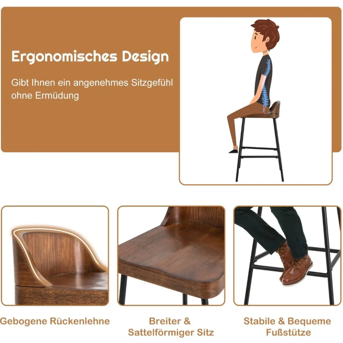 Sattelsitz Pub-Hocker mit Rückenlehne für Zuhause 62 cm Höhe Braun