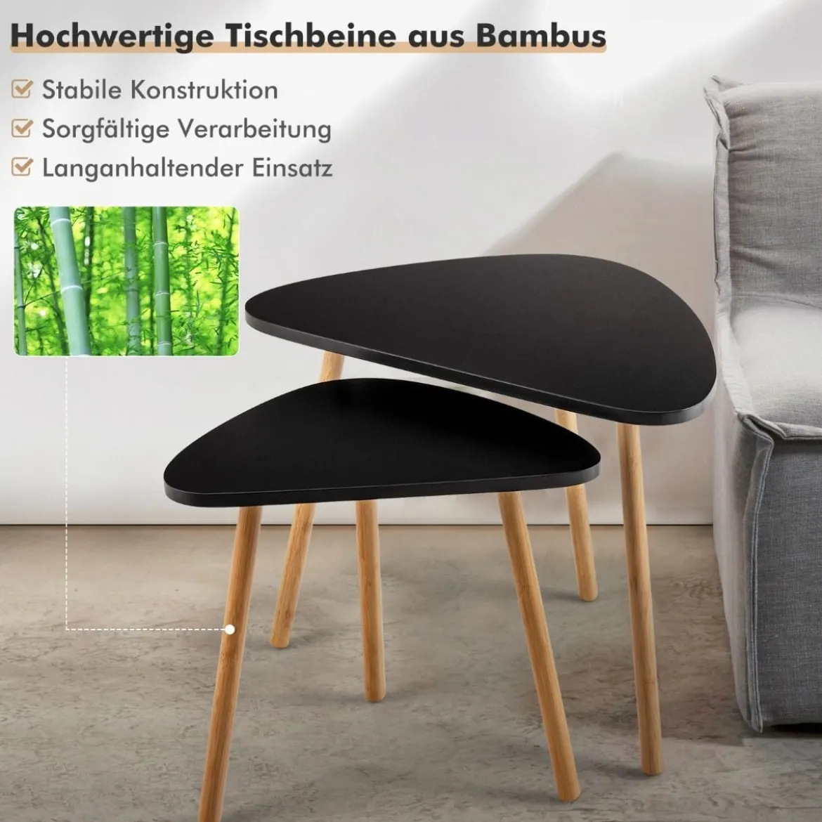 Satz-Beistelltisch 2er-Set Dreieckiger Beistelltische mit Bambusbeinen Frei Kombinierbare Satztische Schwarz