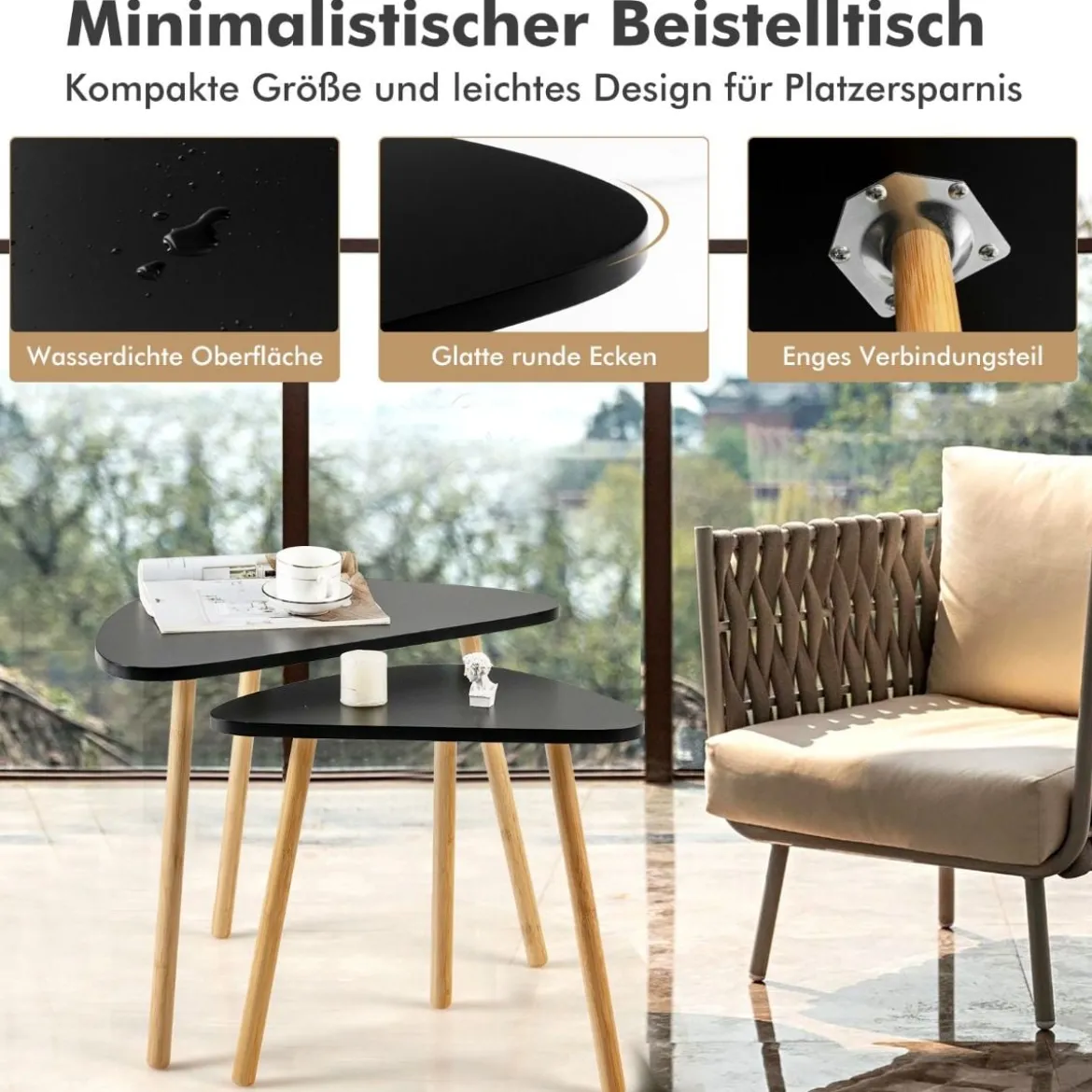 Satz-Beistelltisch 2er-Set Dreieckiger Beistelltische mit Bambusbeinen Frei Kombinierbare Satztische Schwarz