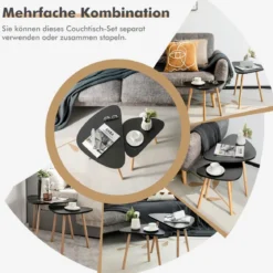 Satz-Beistelltisch 2er-Set Dreieckiger Beistelltische mit Bambusbeinen Frei Kombinierbare Satztische Schwarz