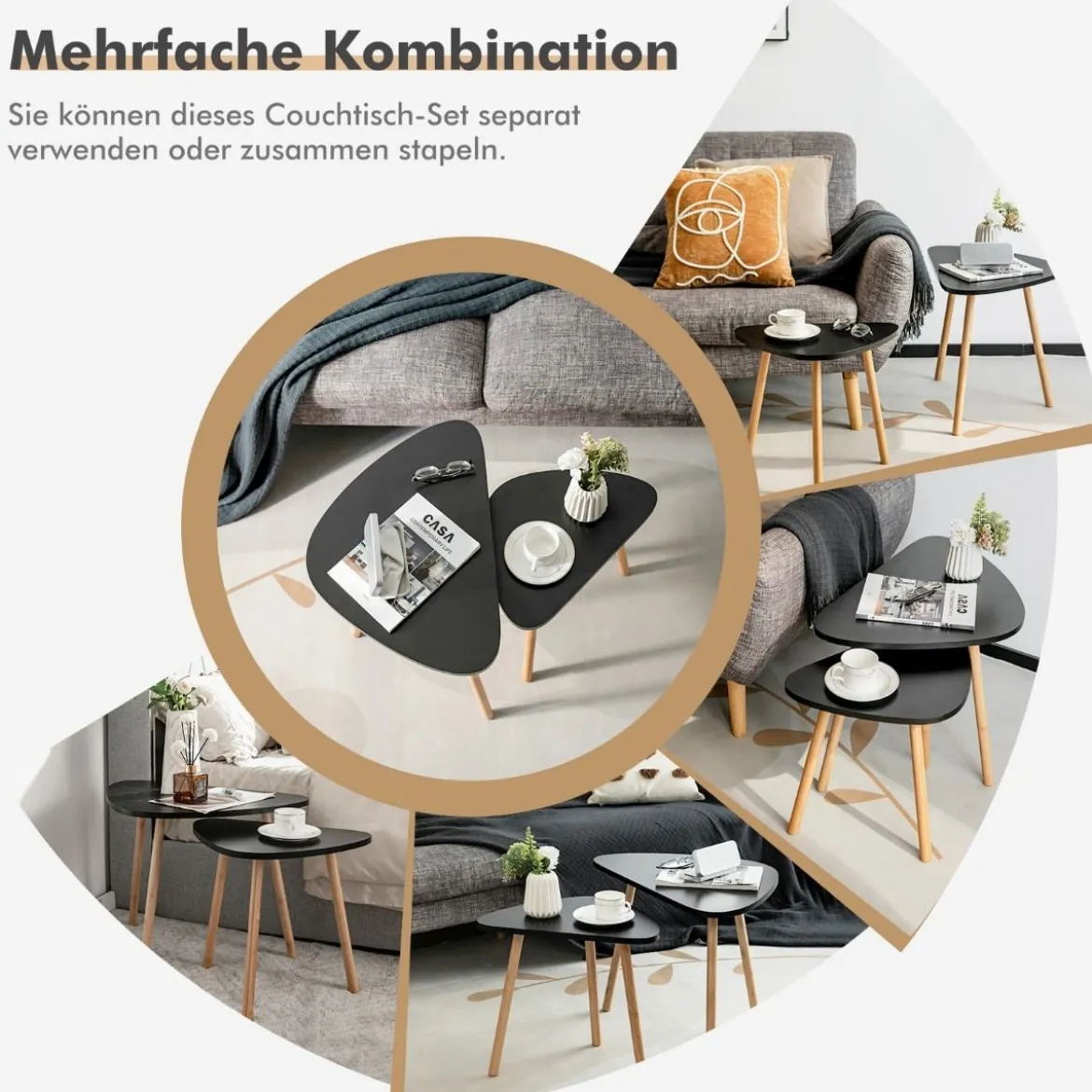 Satz-Beistelltisch 2er-Set Dreieckiger Beistelltische mit Bambusbeinen Frei Kombinierbare Satztische Schwarz