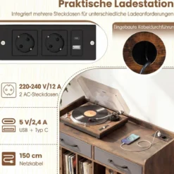 Schallplattenständer mit Steckdosen & USB & Typ-C Anschluss mit 2 Faltbaren Stoffschubladen Braun