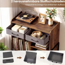 Schallplattenständer mit Steckdosen & USB & Typ-C Anschluss mit 2 Faltbaren Stoffschubladen Braun