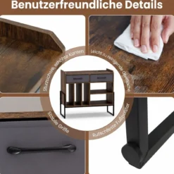 Schallplattenständer mit Steckdosen & USB & Typ-C Anschluss mit 2 Faltbaren Stoffschubladen Braun