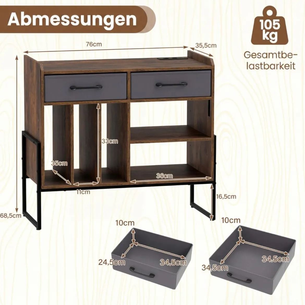 Schallplattenständer mit Steckdosen & USB & Typ-C Anschluss mit 2 Faltbaren Stoffschubladen Braun