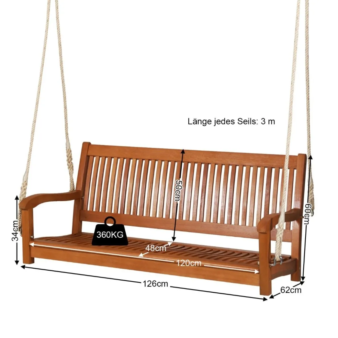 Schaukelbank Eukalyptusschaukel mit 2 robusten Seilen 126 x 62 x 60 cm Natürlich
