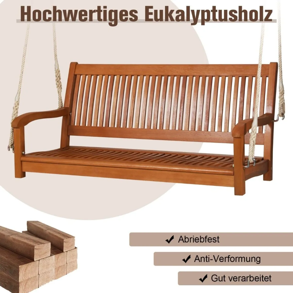 Schaukelbank Eukalyptusschaukel mit 2 robusten Seilen 126 x 62 x 60 cm Natürlich