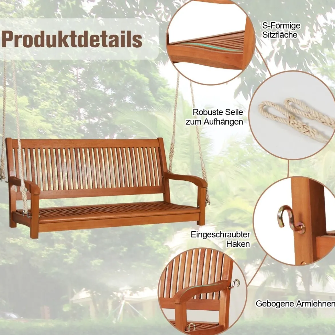 Schaukelbank Eukalyptusschaukel mit 2 robusten Seilen 126 x 62 x 60 cm Natürlich