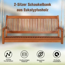 Schaukelbank Eukalyptusschaukel mit 2 robusten Seilen 126 x 62 x 60 cm Natürlich