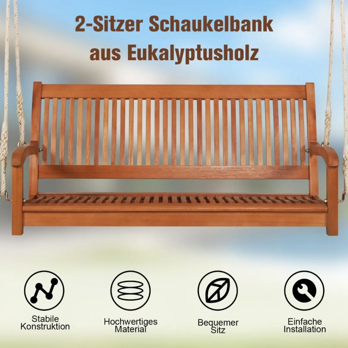 Schaukelbank Eukalyptusschaukel mit 2 robusten Seilen 126 x 62 x 60 cm Natürlich