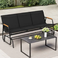 Schaukelbank für 3 Personen Terrassenbank mit geschwungenen Teakholz-Armlehnen Schwarz