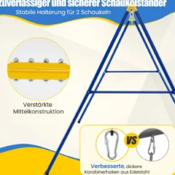 Schaukelgestell mit A-Rahmen Doppelschaukel neu mit extrastarkem Karabinerhaken 249 x 185 x 181,5 cm Blau + Gelb