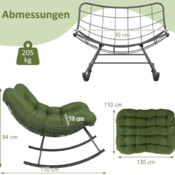 Schaukelstuhl für drinnen & draußen übergroßer Papasan-Stuhl mit gepolstertem Kissen Terrassensessel mit 205 kg Tragkraft Grün