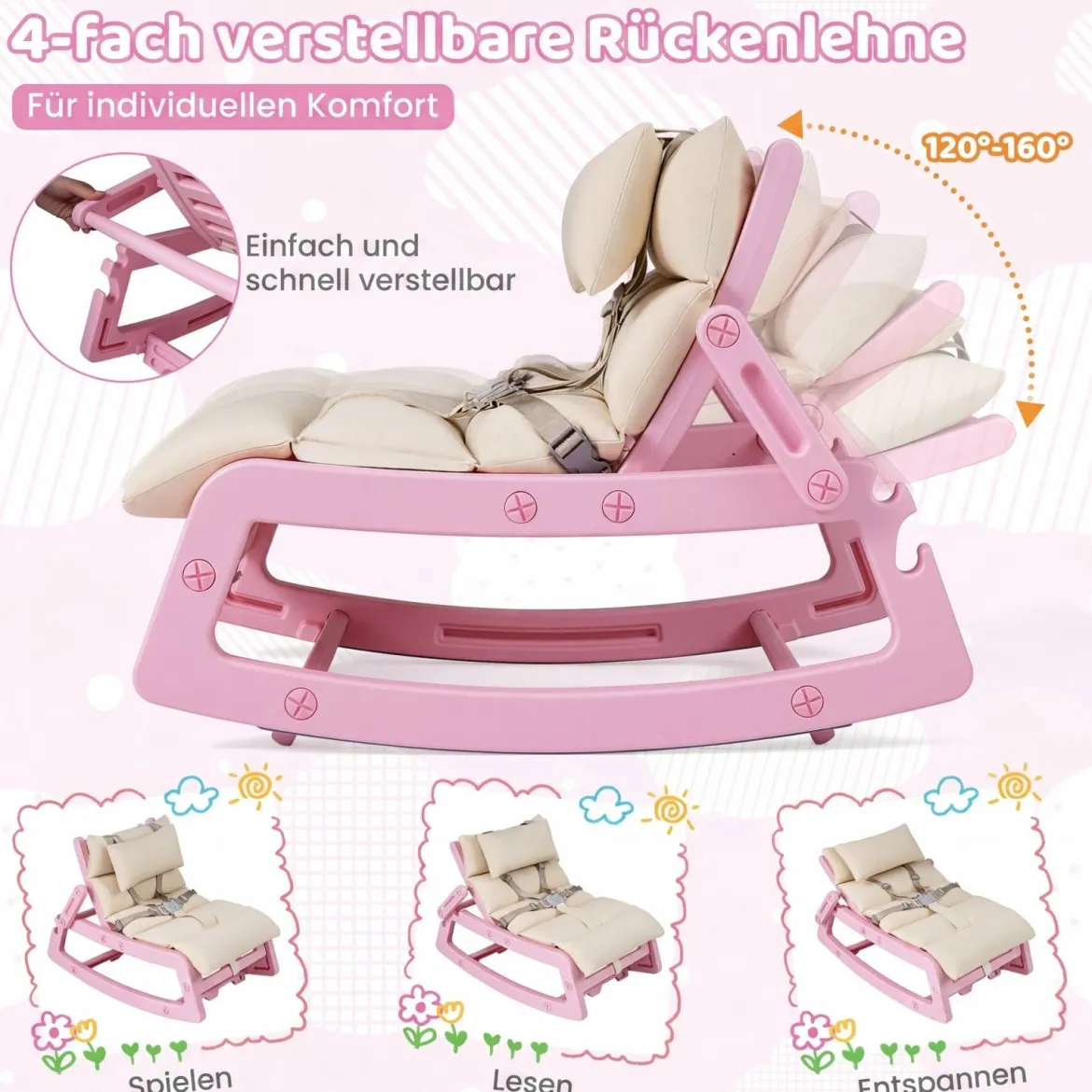 Schaukelstuhl Kinder 2 in 1 Liegestuhl mit Verstellbarer Rückenlehne Baby Schaukelsessel Grau/Beige/Rosa