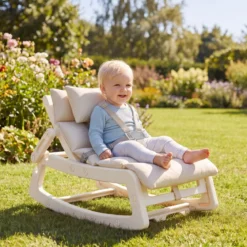 Schaukelstuhl Kinder 2 in 1 Liegestuhl mit Verstellbarer Rückenlehne Baby Schaukelsessel Grau/Beige/Rosa