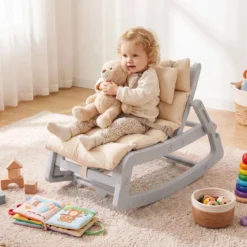 Schaukelstuhl Kinder 2 in 1 Liegestuhl mit Verstellbarer Rückenlehne Baby Schaukelsessel Grau/Beige/Rosa