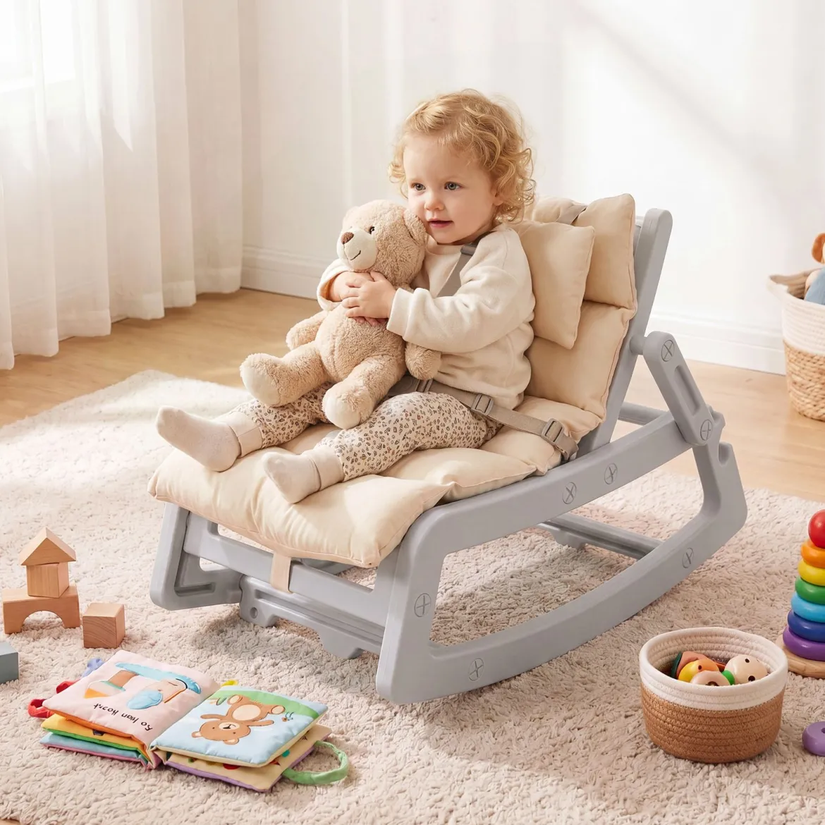 Schaukelstuhl Kinder 2 in 1 Liegestuhl mit Verstellbarer Rückenlehne Baby Schaukelsessel Grau/Beige/Rosa