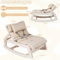 Schaukelstuhl Kinder 2 in 1 Liegestuhl mit Verstellbarer Rückenlehne Baby Schaukelsessel Grau/Beige/Rosa