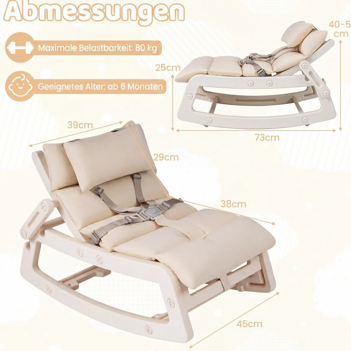 Schaukelstuhl Kinder 2 in 1 Liegestuhl mit Verstellbarer Rückenlehne Baby Schaukelsessel Grau/Beige/Rosa