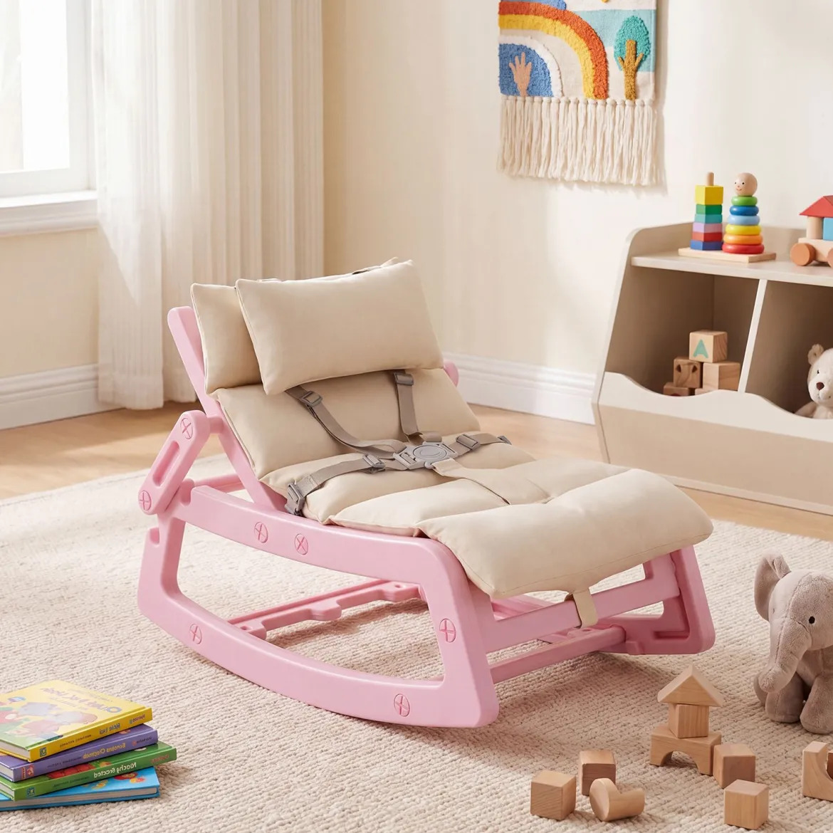 Schaukelstuhl Kinder 2 in 1 Liegestuhl mit Verstellbarer Rückenlehne Baby Schaukelsessel Grau/Beige/Rosa