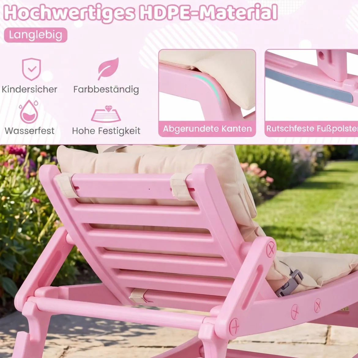 Schaukelstuhl Kinder 2 in 1 Liegestuhl mit Verstellbarer Rückenlehne Baby Schaukelsessel Grau/Beige/Rosa