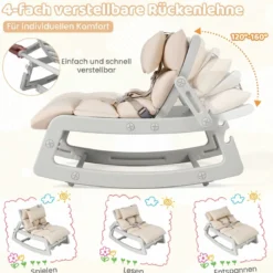 Schaukelstuhl Kinder 2 in 1 Liegestuhl mit Verstellbarer Rückenlehne Baby Schaukelsessel Grau/Beige/Rosa