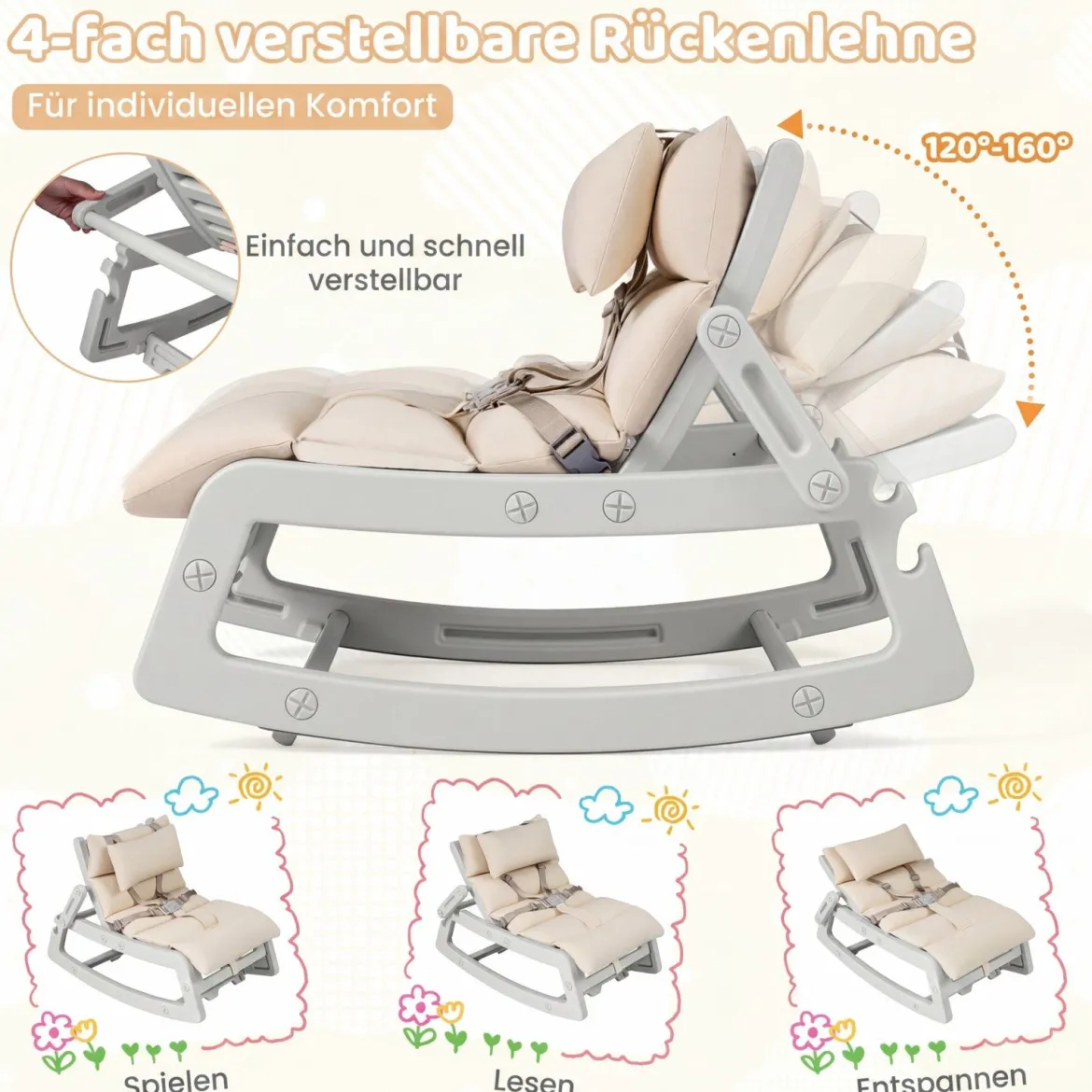 Schaukelstuhl Kinder 2 in 1 Liegestuhl mit Verstellbarer Rückenlehne Baby Schaukelsessel Grau/Beige/Rosa