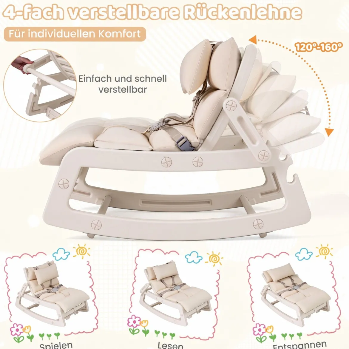 Schaukelstuhl Kinder 2 in 1 Liegestuhl mit Verstellbarer Rückenlehne Baby Schaukelsessel Grau/Beige/Rosa