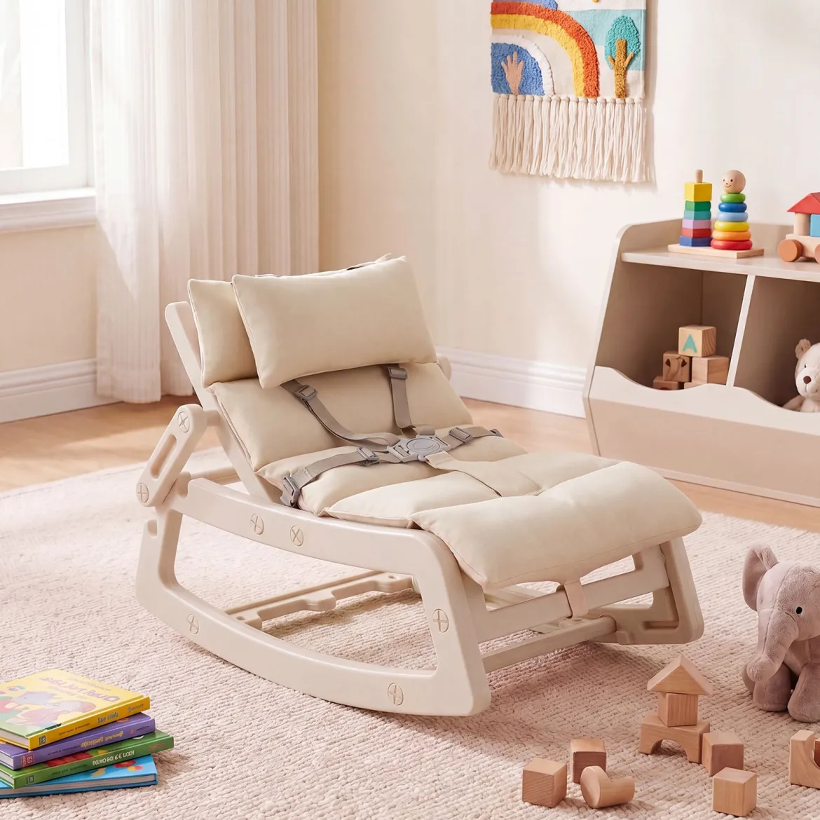 Schaukelstuhl Kinder 2 in 1 Liegestuhl mit Verstellbarer Rückenlehne Baby Schaukelsessel Grau/Beige/Rosa