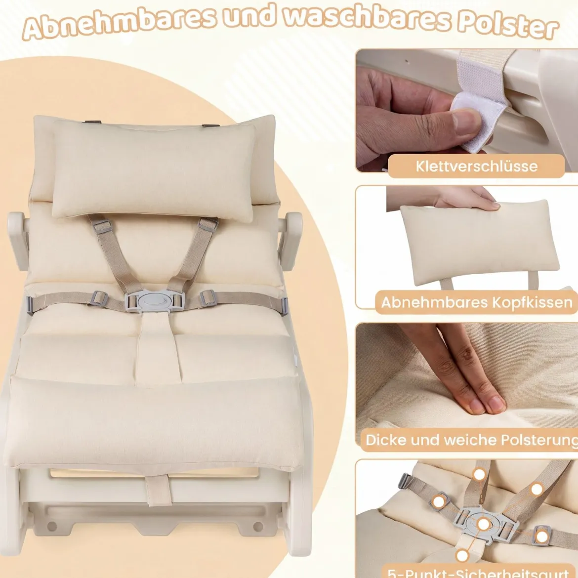 Schaukelstuhl Kinder 2 in 1 Liegestuhl mit Verstellbarer Rückenlehne Baby Schaukelsessel Grau/Beige/Rosa
