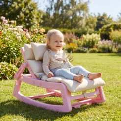 Schaukelstuhl Kinder 2 in 1 Liegestuhl mit Verstellbarer Rückenlehne Baby Schaukelsessel Grau/Beige/Rosa