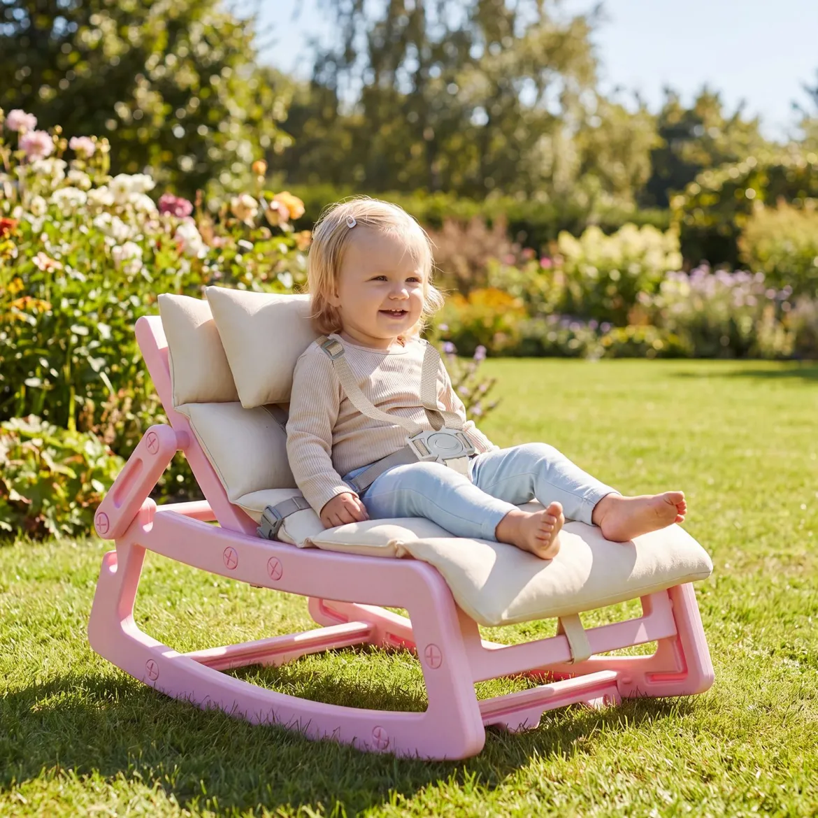 Schaukelstuhl Kinder 2 in 1 Liegestuhl mit Verstellbarer Rückenlehne Baby Schaukelsessel Grau/Beige/Rosa